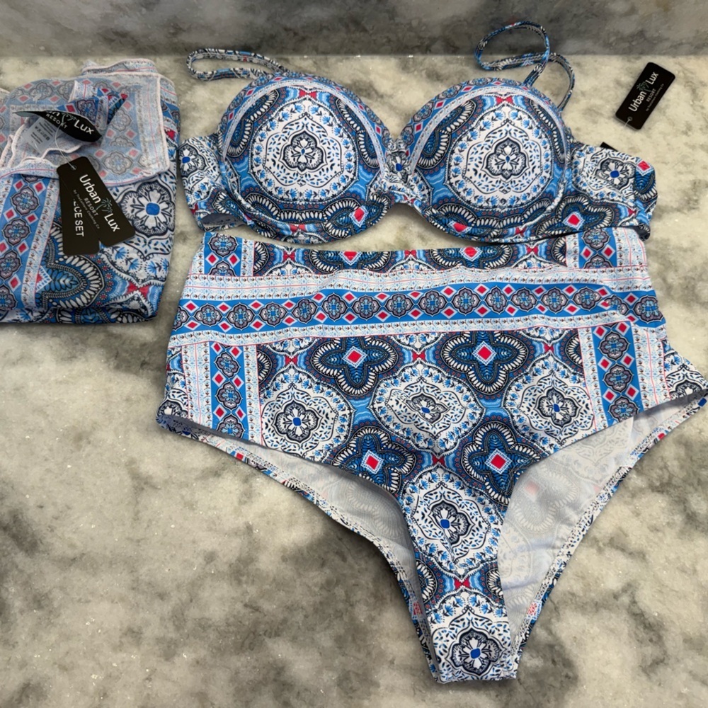 Urban Lux 3-Piece Swimsuit Set BNWT Size L Bikini + Sarong Pareo Blue Medallion - Picture 8 of 13